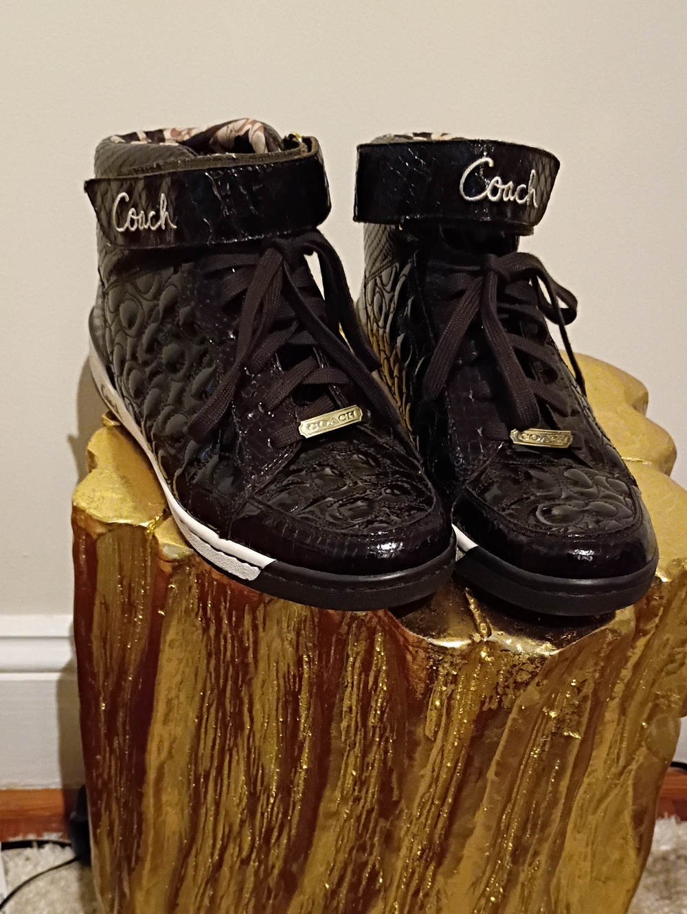 Coach Black Quilted Patent High-Top Sneakers with Logo Strap